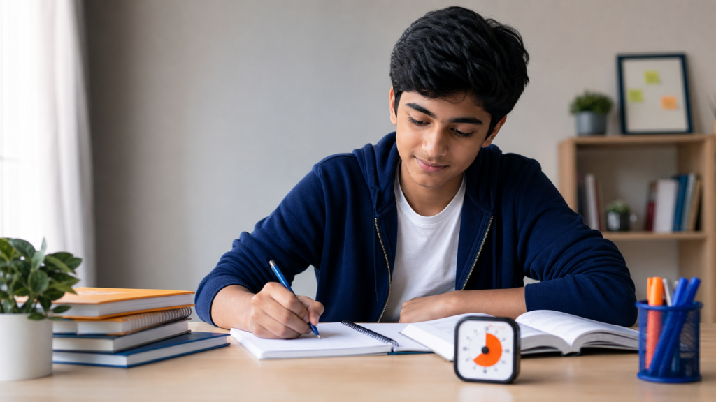 Student using Pomodoro study technique with timer and notebooks