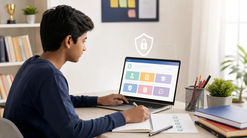 Student using a safe online exam services portal with checklist notebook