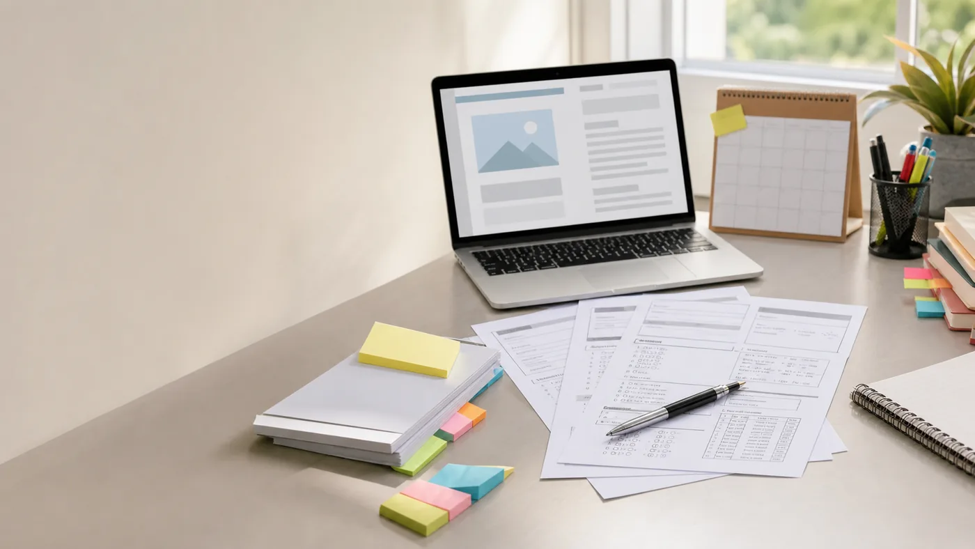Study desk with generic previous year question paper practice setup