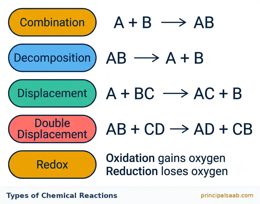 A chart of the five main types of chemical reactions, showing combination as A plus B giving AB, decomposition as AB giving A plus B, displacement as A plus BC giving AC plus B, double displacement as AB plus CD giving AD plus CB, and redox in which oxidation gains oxygen while reduction loses oxygen.