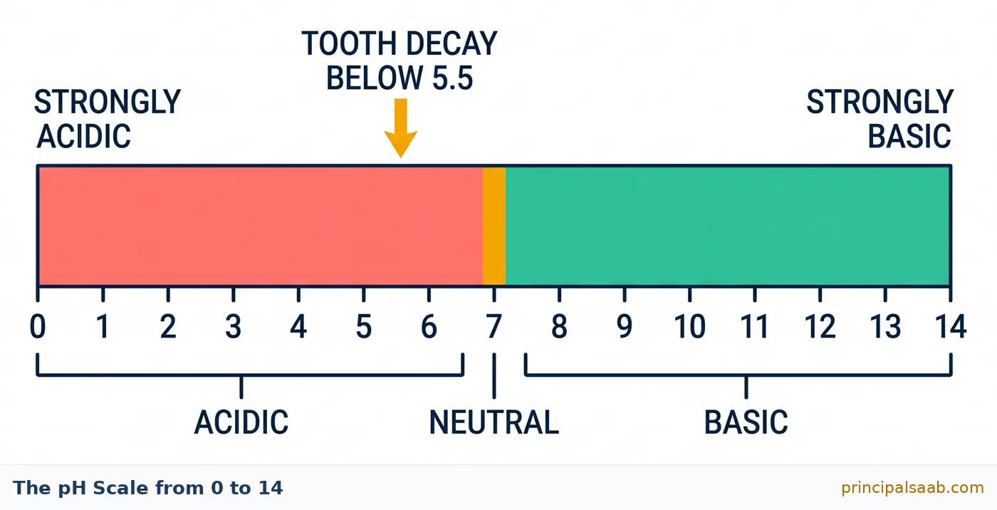 Horizontal pH scale from 0 to 14 with the acidic range shown in red from 0 to 7, neutral marked at 7, and the basic range in green from 7 to 14, with an arrow marking that tooth decay begins below pH 5.5.