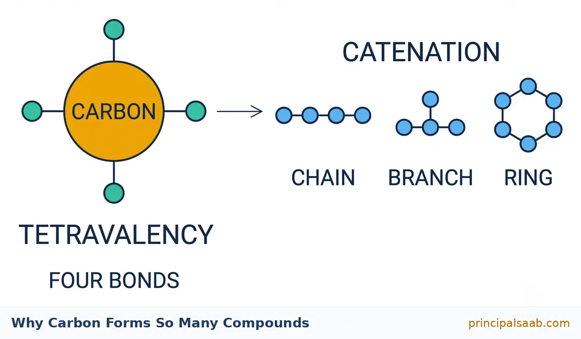 Diagram showing that carbon forms millions of compounds because of tetravalency, which lets one carbon atom make four bonds, and catenation, which lets carbon atoms link into chains, branches and rings.