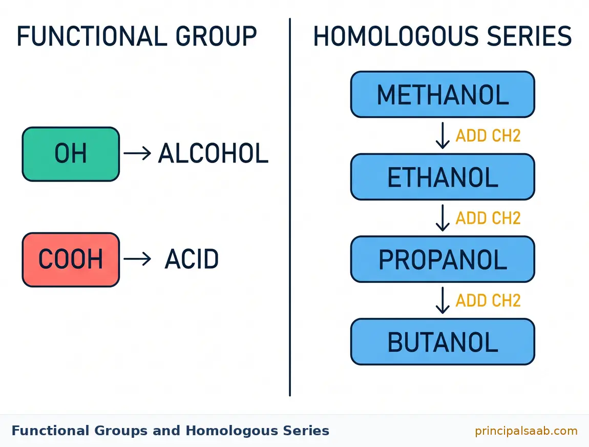 Diagram showing the OH functional group giving alcohols and the COOH functional group giving carboxylic acids, alongside the homologous series methanol, ethanol, propanol and butanol where each member differs from the next by one CH2 unit.