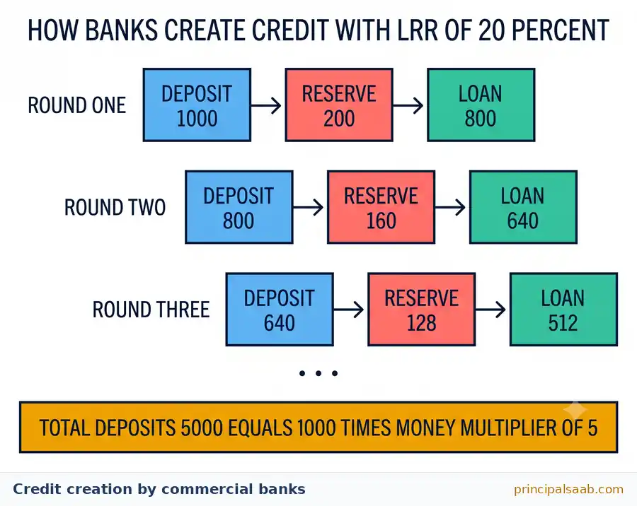 Staircase diagram showing three rounds of credit creation with a legal reserve ratio of twenty percent, where an initial deposit of 1000 keeps a reserve of 200 and lends 800, the 800 returns as a deposit that keeps 160 and lends 640, and so on, giving total deposits of 5000 from a money multiplier of five.