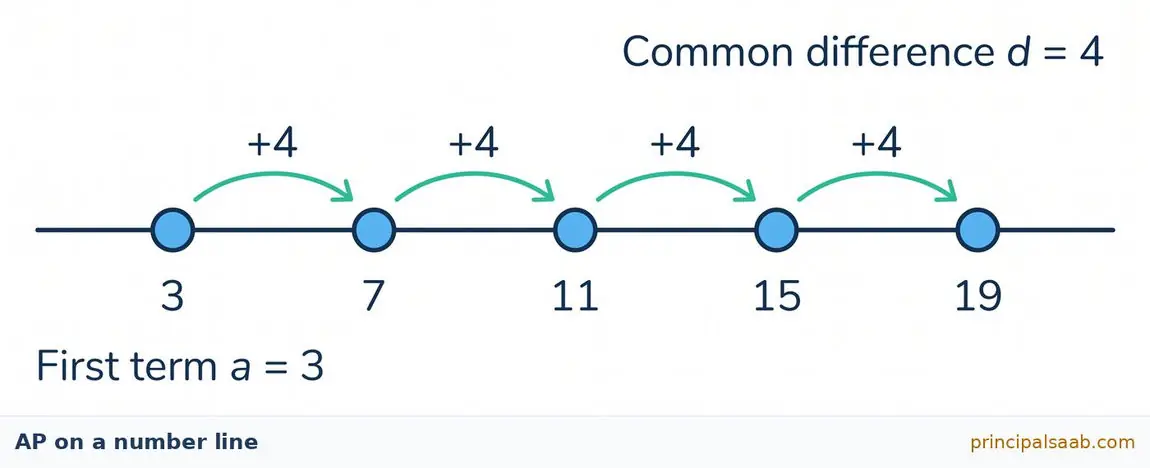 Number line showing the arithmetic progression 3, 7, 11, 15, 19 with a curved arrow labelled plus 4 between each pair of terms, first term a = 3 and common difference d = 4.