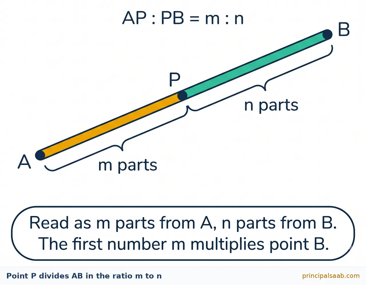 Line segment from A to B with point P dividing it internally, the part AP marked as m parts and the part PB marked as n parts, so AP : PB = m : n.
