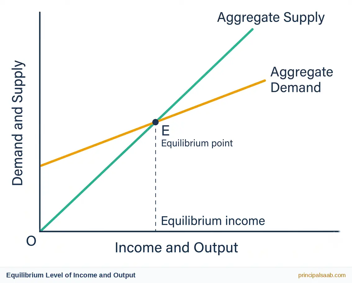 Line graph with a forty five degree aggregate supply line and a flatter aggregate demand line crossing at point E, with a dashed line marking the equilibrium level of income and output.