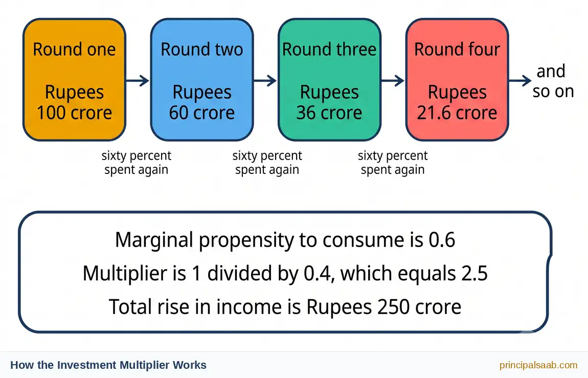 Four linked boxes showing rounds of spending of 100, 60, 36 and 21.6 crore rupees, with a summary box giving a marginal propensity to consume of 0.6, a multiplier of 2.5 and a total income rise of 250 crore rupees.