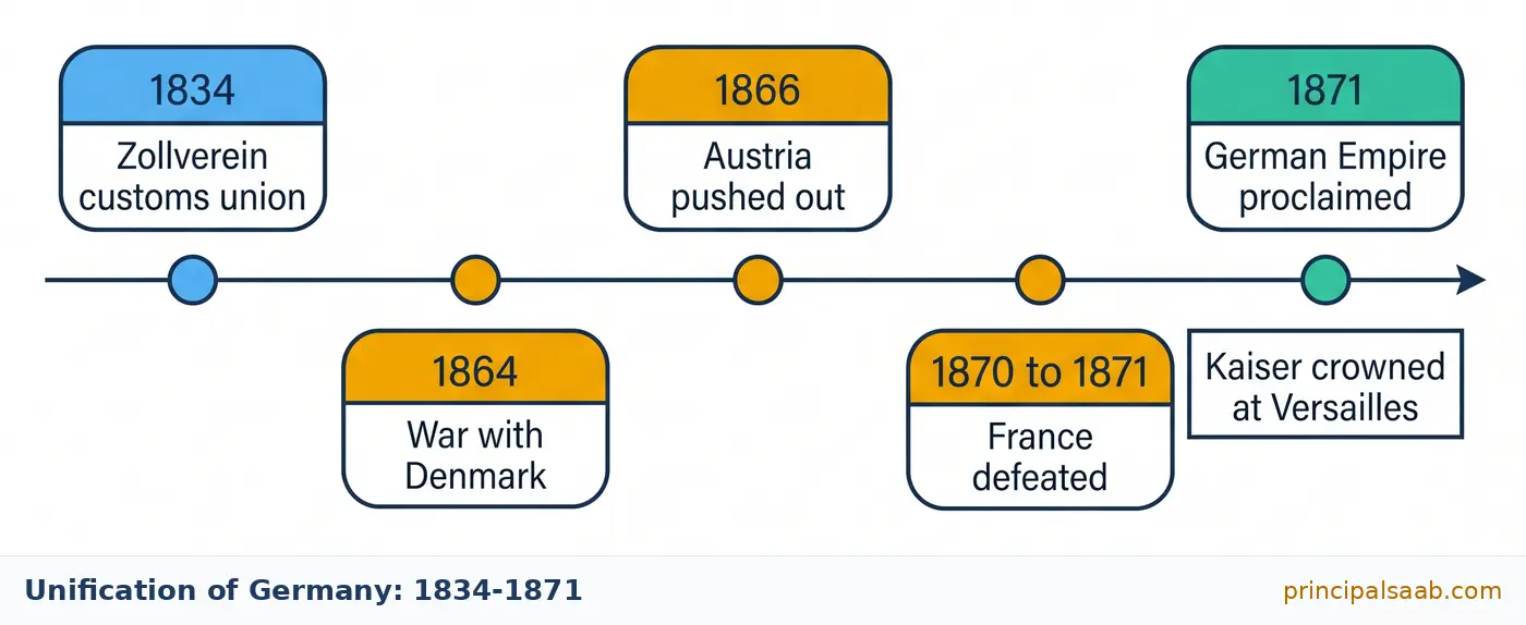 Horizontal timeline of German unification showing the Zollverein customs union of 1834, the war with Denmark in 1864, Austria being pushed out of German affairs in 1866, the defeat of France in 1870 to 1871, and the proclamation of the German Empire in 1871 when the Kaiser was crowned at Versailles.