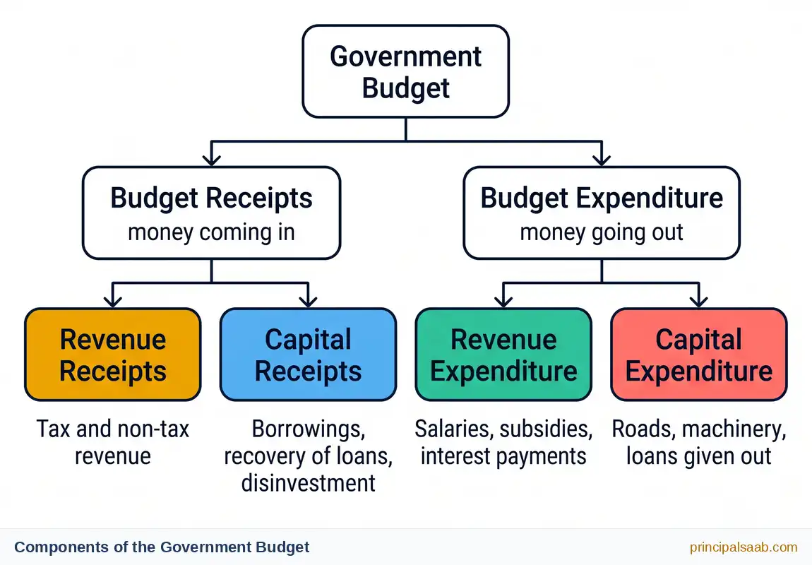 Tree chart showing the government budget splitting into budget receipts and budget expenditure, each dividing further into revenue and capital categories with examples.