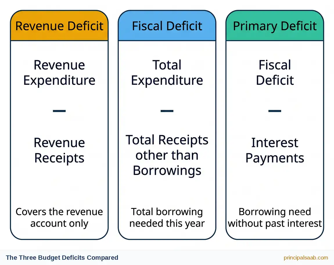 Three side by side panels comparing revenue deficit, fiscal deficit and primary deficit, each showing its formula and what it measures in the government budget.