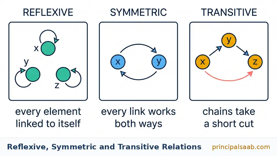 Three panel diagram showing a reflexive relation with self loops on every element, a symmetric relation with arrows running both ways between two elements, and a transitive relation where a short cut arrow joins the start and end of a chain.