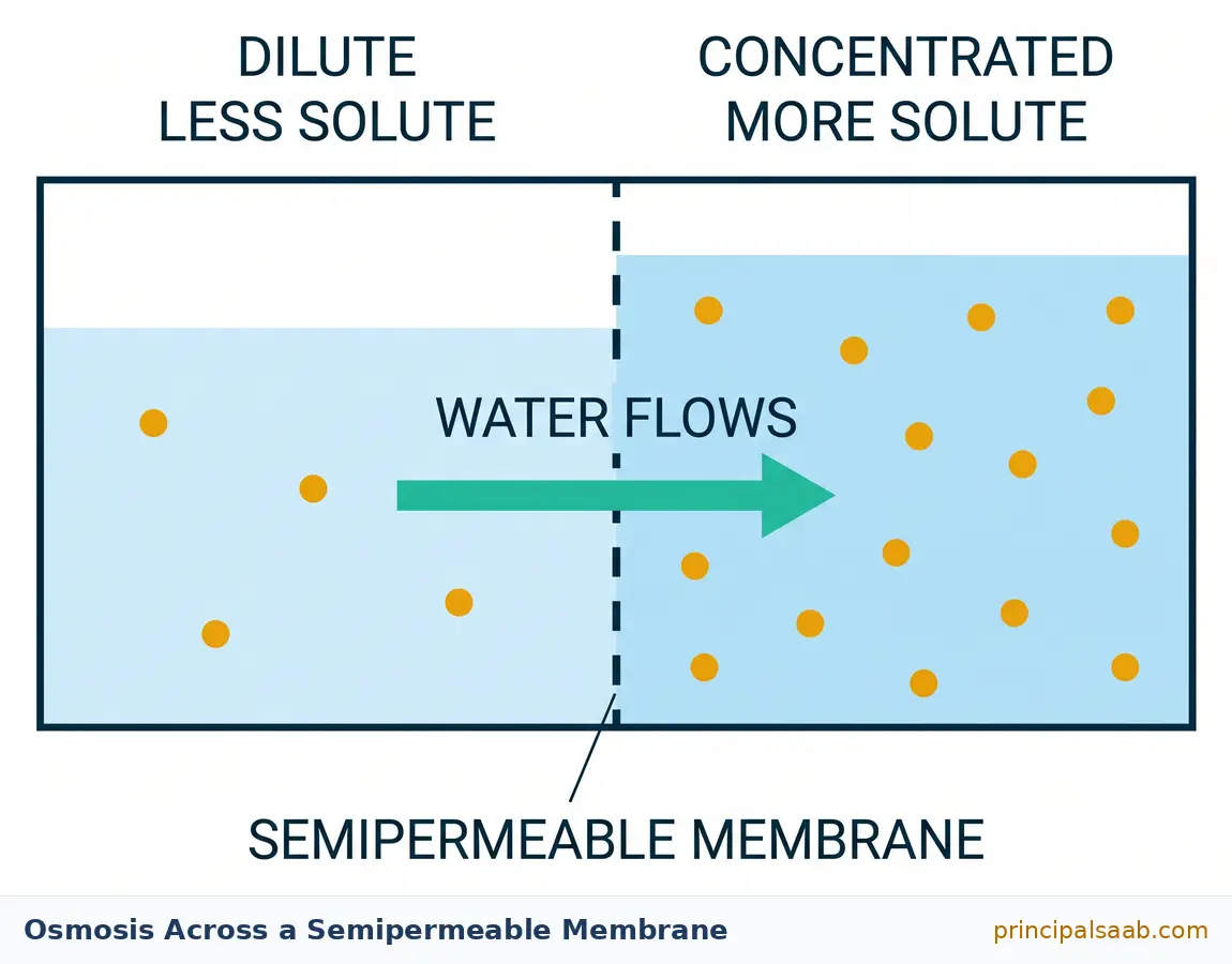 Diagram of osmosis showing water flowing through a semipermeable membrane from the dilute side with less solute to the concentrated side with more solute, raising the liquid level on the concentrated side.