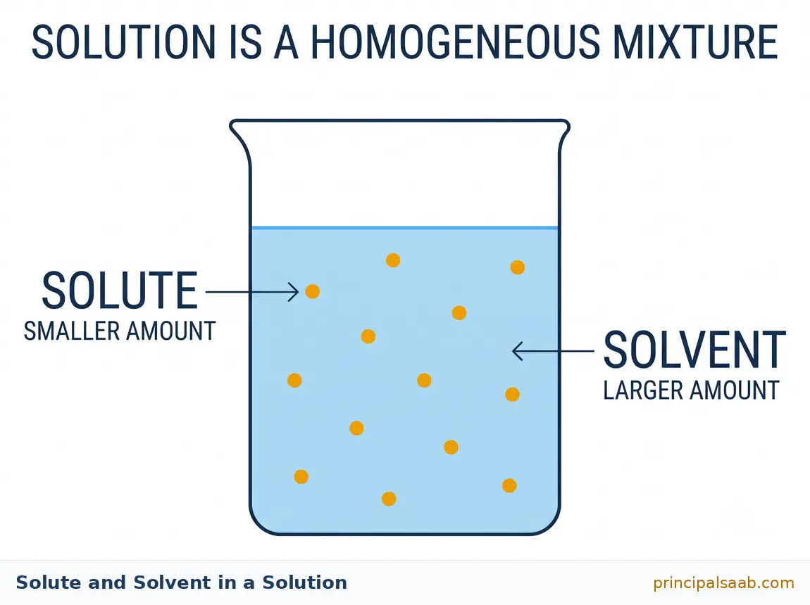 Diagram of a beaker of solution showing that the solute is the component present in the smaller amount while the solvent is the component present in the larger amount, making a homogeneous mixture.
