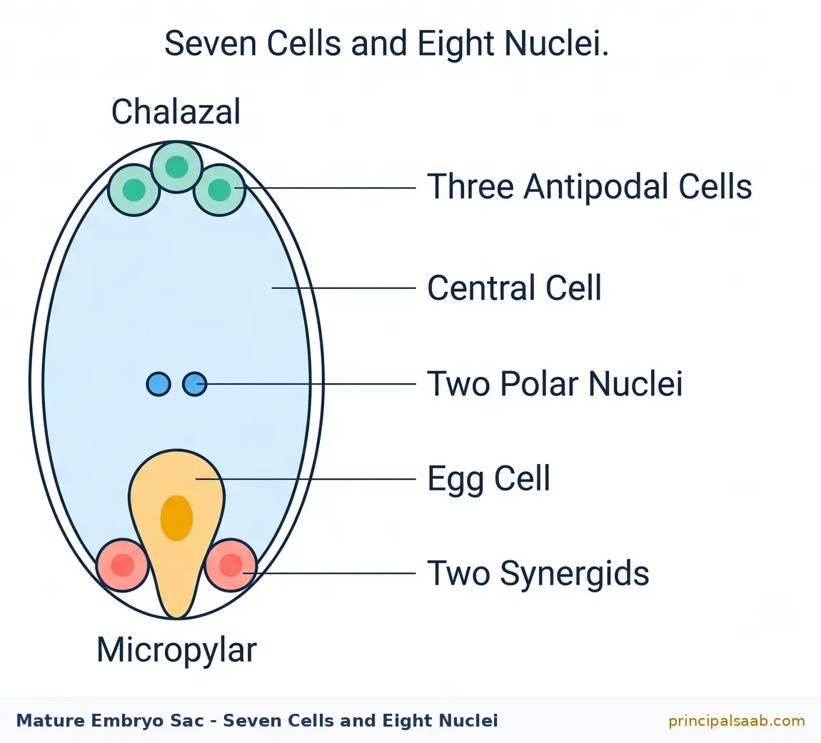 Labelled diagram of a mature embryo sac showing three antipodal cells at the chalazal end, a large central cell containing two polar nuclei, and an egg cell flanked by two synergids at the micropylar end, making seven cells and eight nuclei in all.
