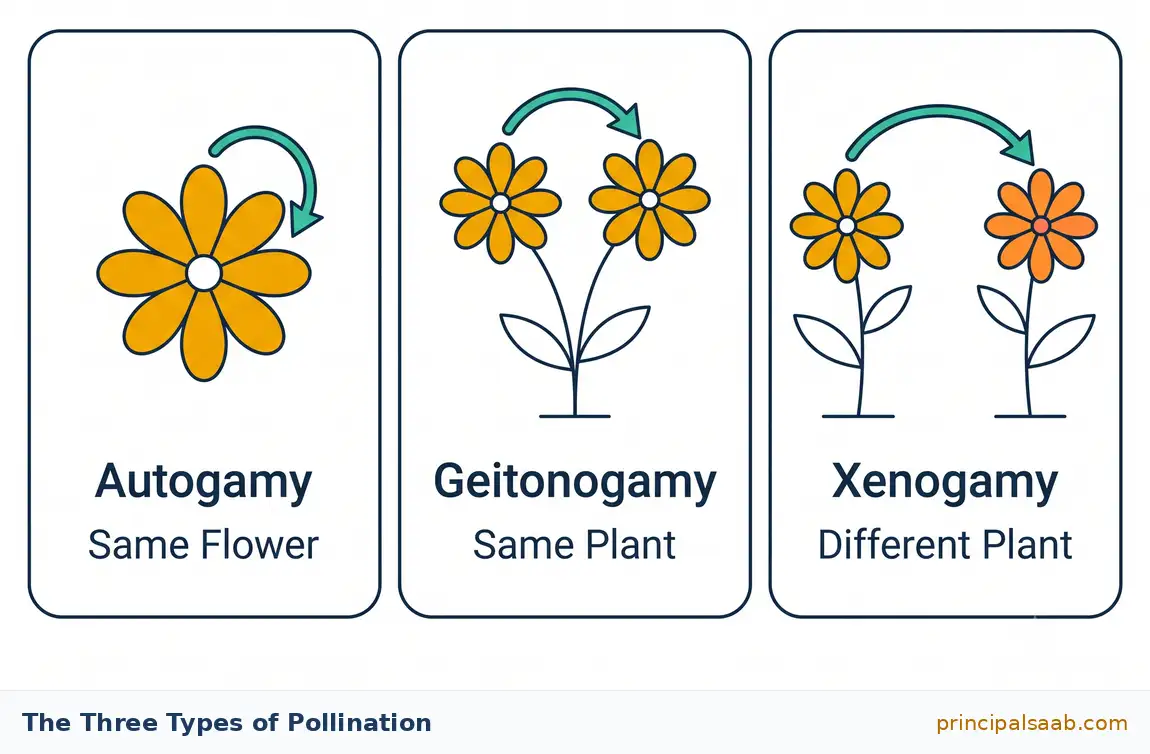 Three panel diagram comparing types of pollination: autogamy where pollen moves within the same flower, geitonogamy where pollen moves between two flowers of the same plant, and xenogamy where pollen travels to a flower on a different plant.