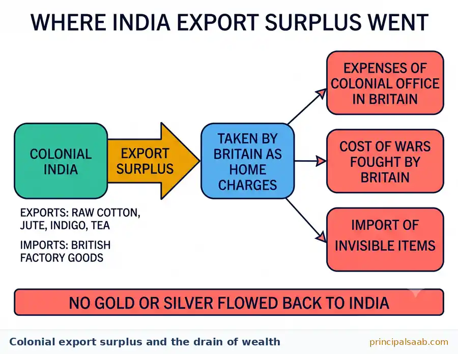 Flow diagram showing colonial India exporting raw cotton, jute, indigo and tea to earn an export surplus that Britain absorbed as home charges covering colonial office expenses, the cost of wars and imports of invisible items, so no gold or silver flowed back to India.