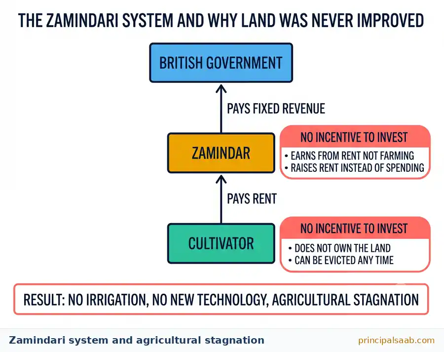 Flow chart showing the cultivator paying rent to the zamindar and the zamindar paying a fixed land revenue to the British government, with neither having an incentive to invest, resulting in no irrigation, no new technology and agricultural stagnation.