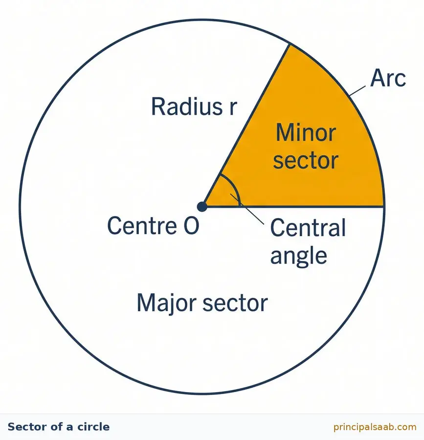 Circle with centre O, two radii and a shaded amber slice labelled minor sector, the remaining white region labelled major sector, with labels for radius r, central angle and arc.