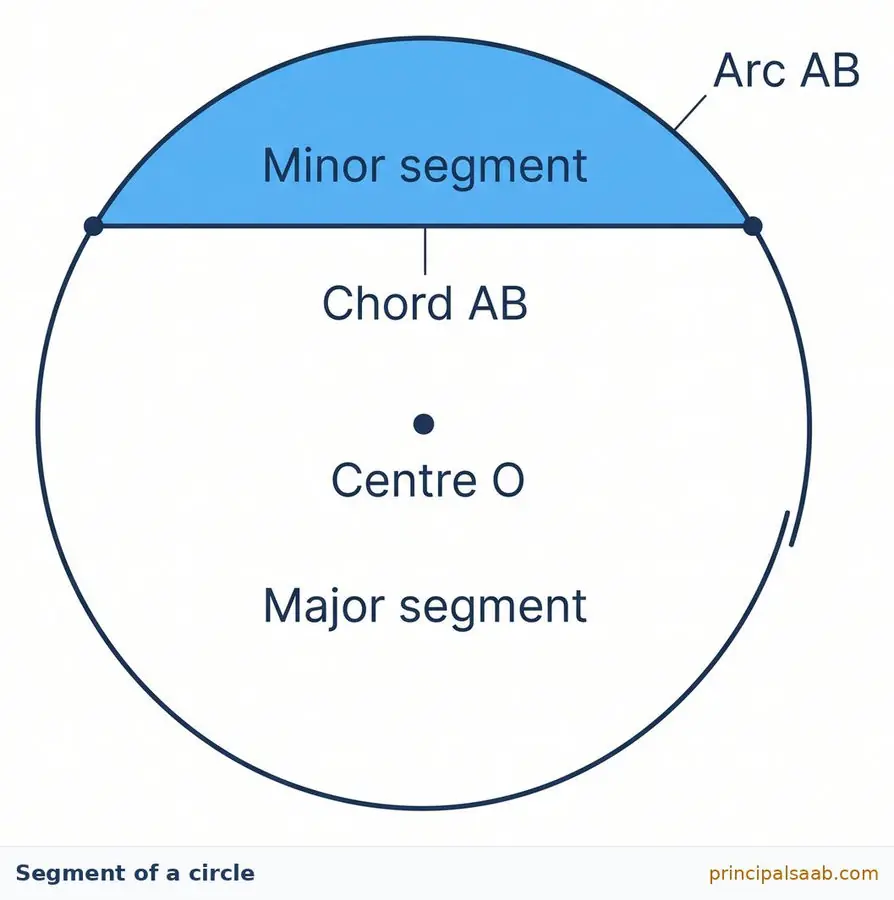 Circle with centre O and a chord AB that does not pass through the centre; the small shaded region above the chord is labelled minor segment and the large white region below it is labelled major segment, with arc AB marked on the curved edge.