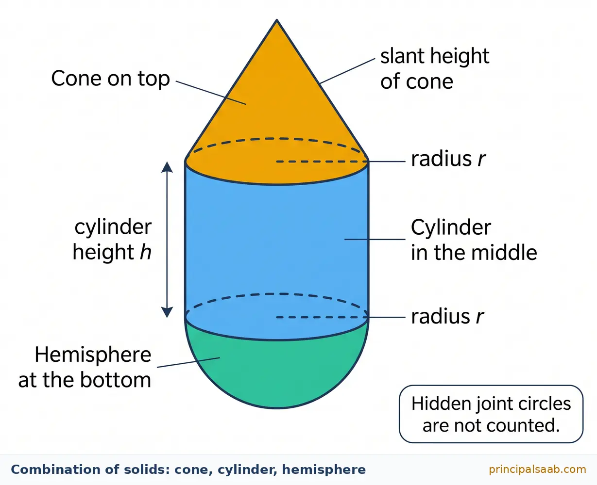 Combination solid: a cone on top, a cylinder in the middle and a hemisphere at the bottom, all with the same radius r, with cylinder height h and the slant height of the cone labelled.