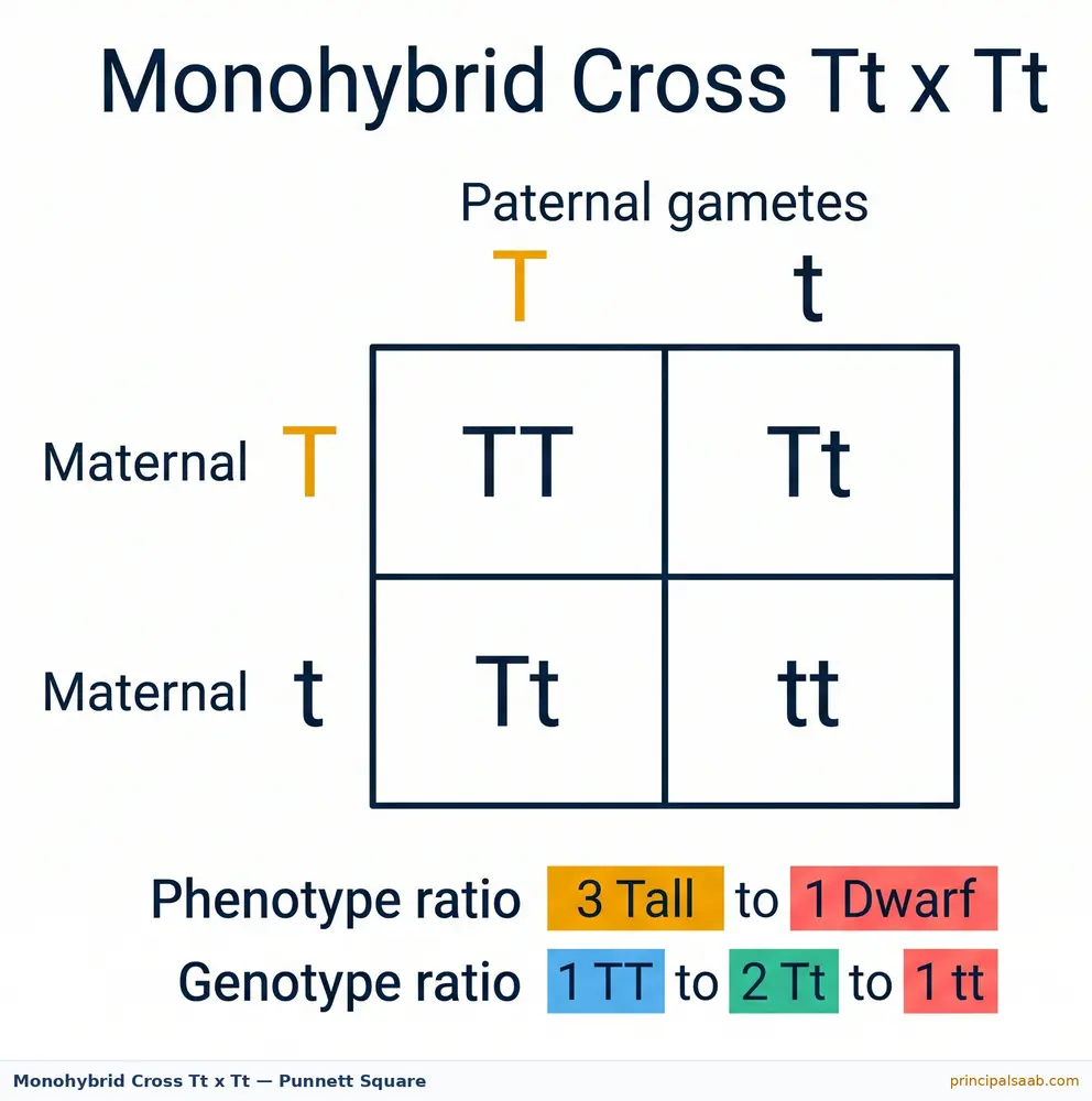 Punnett square diagram showing a Tt x Tt monohybrid cross with genotypes TT, Tt, Tt, tt and phenotype ratio 3 Tall to 1 Dwarf