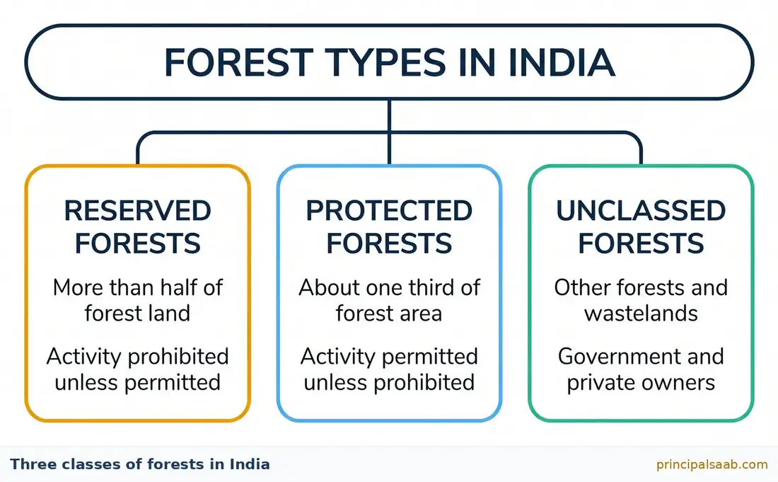 Comparison diagram of the three administrative classes of forests in India, showing reserved forests where activity is prohibited unless permitted, protected forests where activity is permitted unless prohibited, and unclassed forests covering other forests and wastelands.