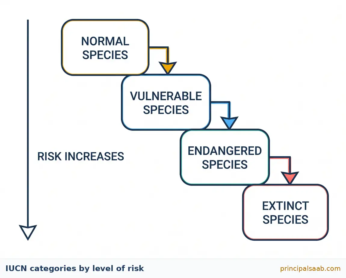 Staircase diagram showing IUCN conservation categories in order of increasing risk, moving from normal species to vulnerable species, then endangered species and finally extinct species.