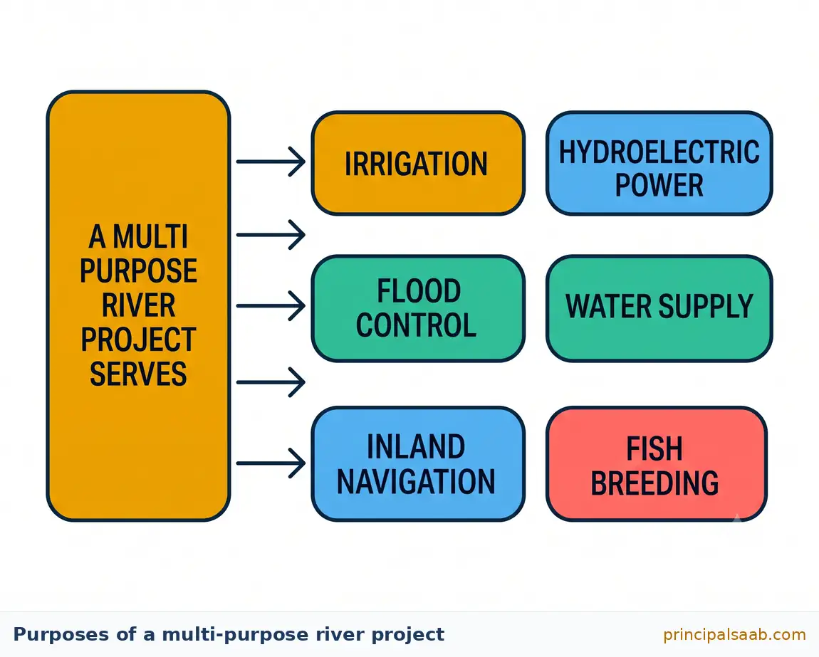 Diagram showing the six purposes a multi purpose river project serves: irrigation, hydroelectric power, flood control, water supply, inland navigation and fish breeding.