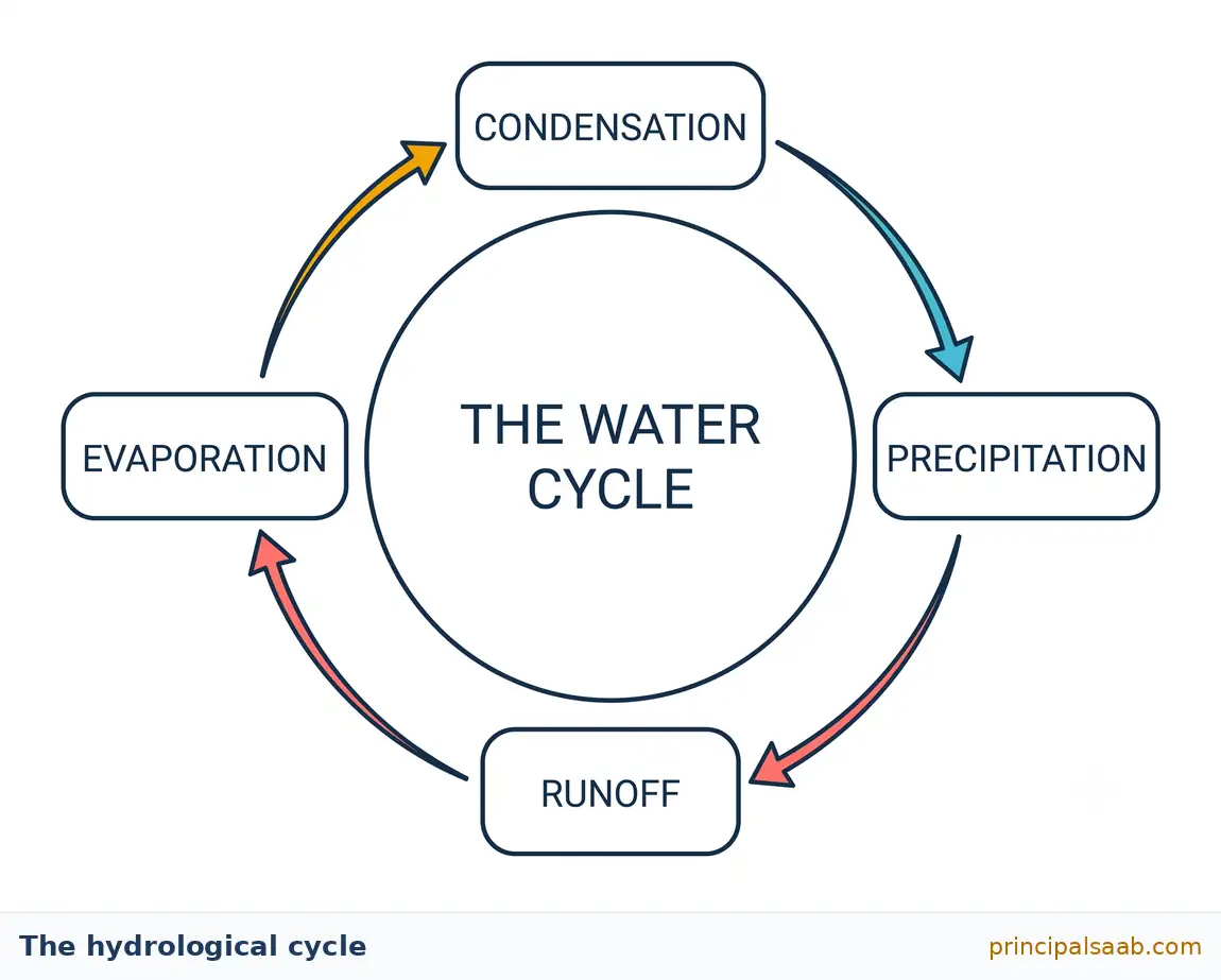 Circular diagram of the hydrological cycle showing evaporation leading to condensation, then precipitation, then runoff, which returns water for evaporation again.