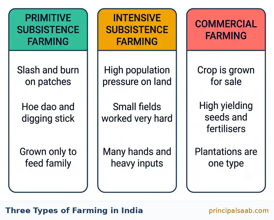 Three panel chart comparing primitive subsistence farming, intensive subsistence farming and commercial farming in India.