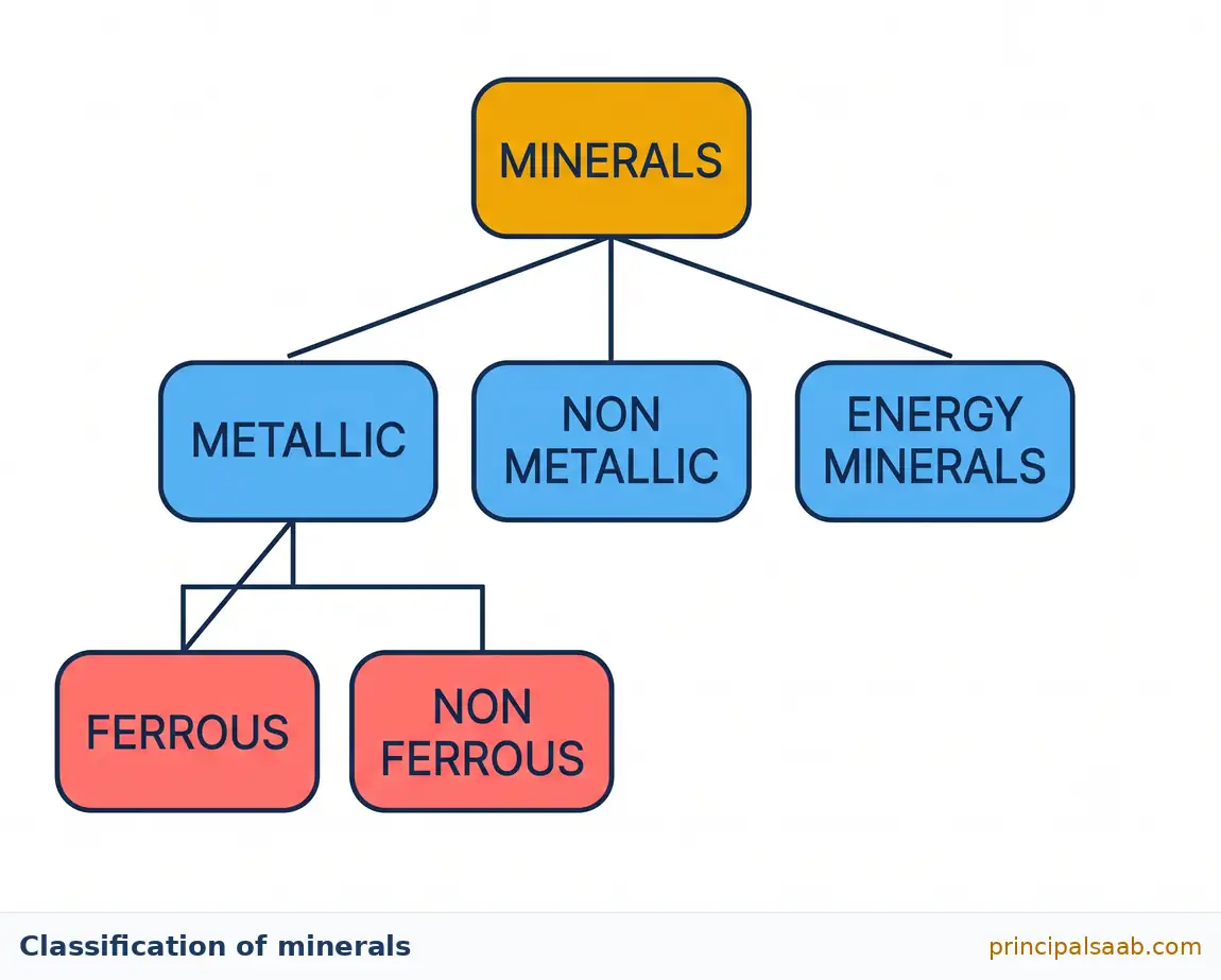 Tree diagram classifying minerals into metallic, non metallic and energy minerals, with the metallic branch dividing further into ferrous and non ferrous minerals.