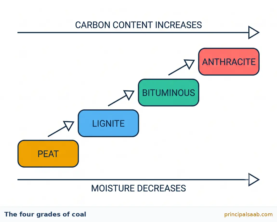 Staircase diagram of the four grades of coal from peat to lignite to bituminous to anthracite, showing that carbon content increases and moisture decreases along the sequence.