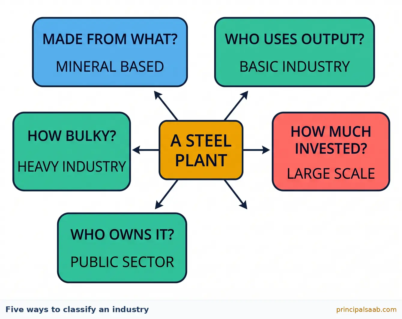 Radial diagram showing that a single steel plant carries five classification labels at once: mineral based by raw material, basic industry by use of output, large scale by investment, public sector by ownership and heavy industry by bulk.