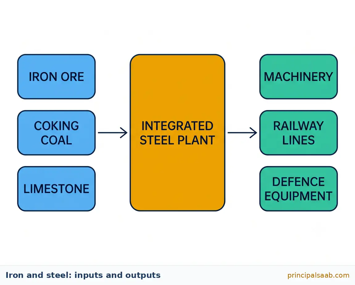 Flow diagram showing that an integrated steel plant takes iron ore, coking coal and limestone as inputs and produces machinery, railway lines and defence equipment as outputs.