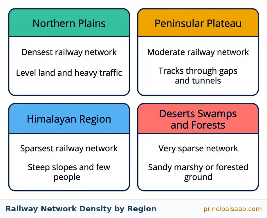Four panel chart comparing railway network density in the Northern Plains, the Peninsular Plateau, the Himalayan Region and India’s deserts, swamps and forests.