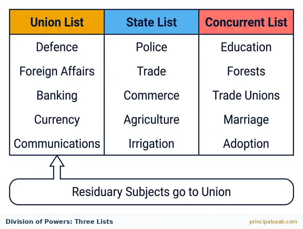 Table of Union List, State List and Concurrent List subjects with residuary powers going to the Union