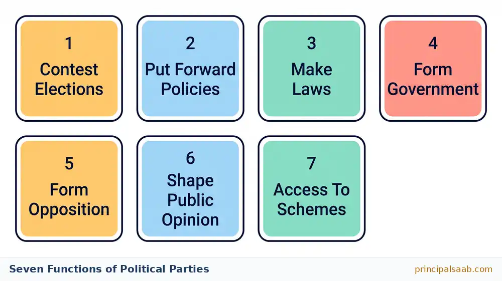 Seven functions of political parties shown as numbered boxes
