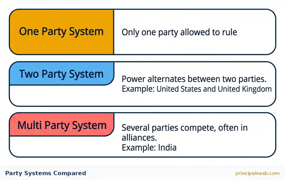 One party, two party and multi party systems compared with examples