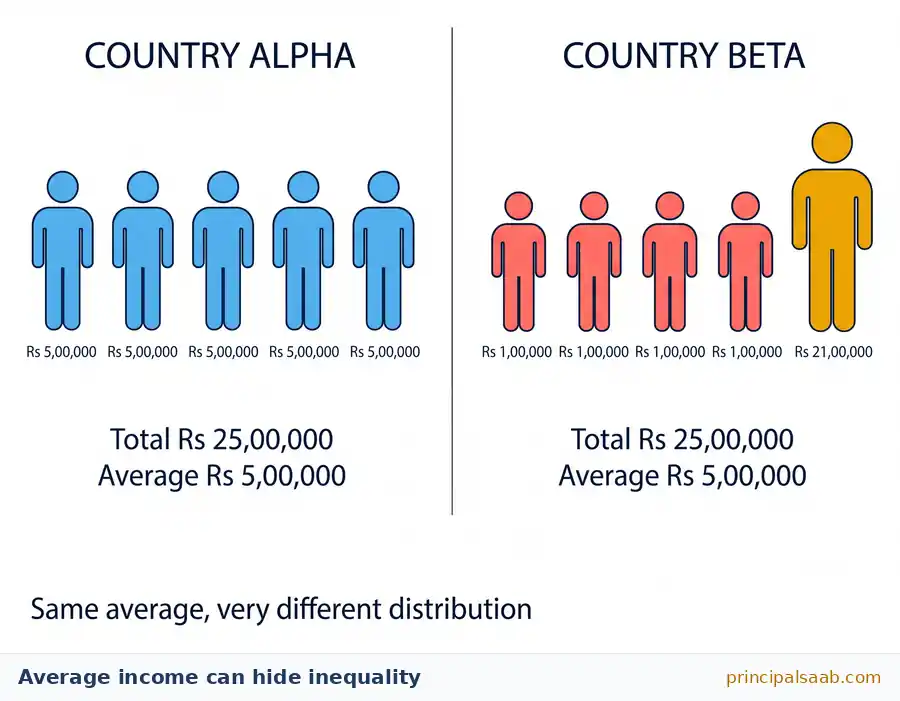 Comparison diagram: Country Alpha has five people earning Rs 5,00,000 each, Country Beta has four people earning Rs 1,00,000 each and one earning Rs 21,00,000; both total Rs 25,00,000 with an average income of Rs 5,00,000.