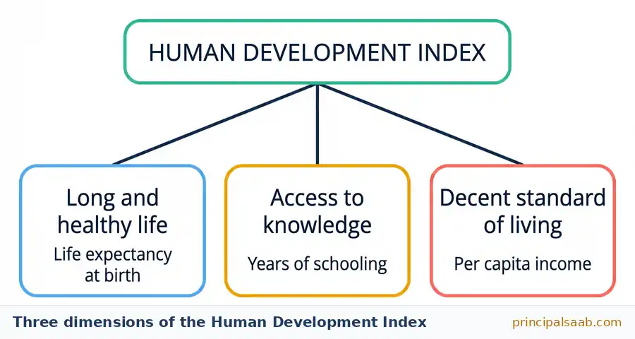Tree diagram showing the Human Development Index branching into three dimensions: long and healthy life (life expectancy at birth), access to knowledge (years of schooling) and decent standard of living (per capita income).