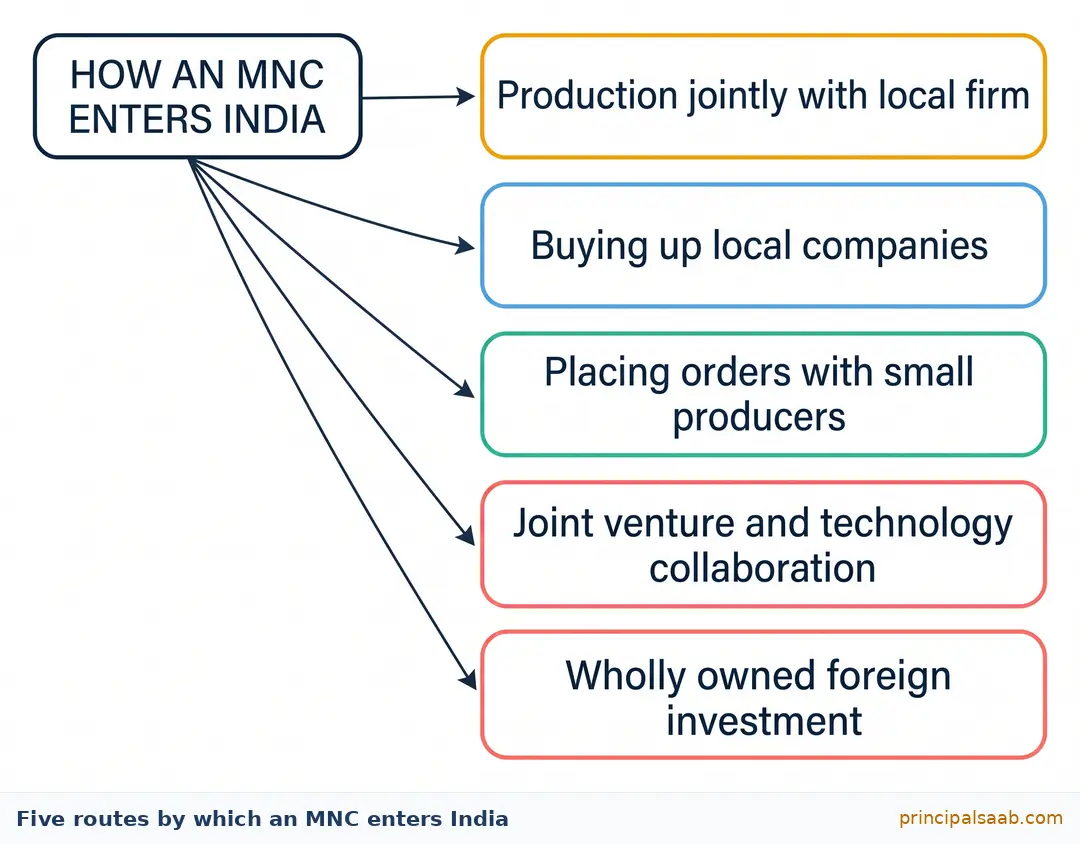 Fan out chart showing the five routes by which a multinational company sets up production in India: joint production with a local firm, buying up local companies, placing orders with small producers, joint ventures and technology collaboration, and wholly owned foreign investment.