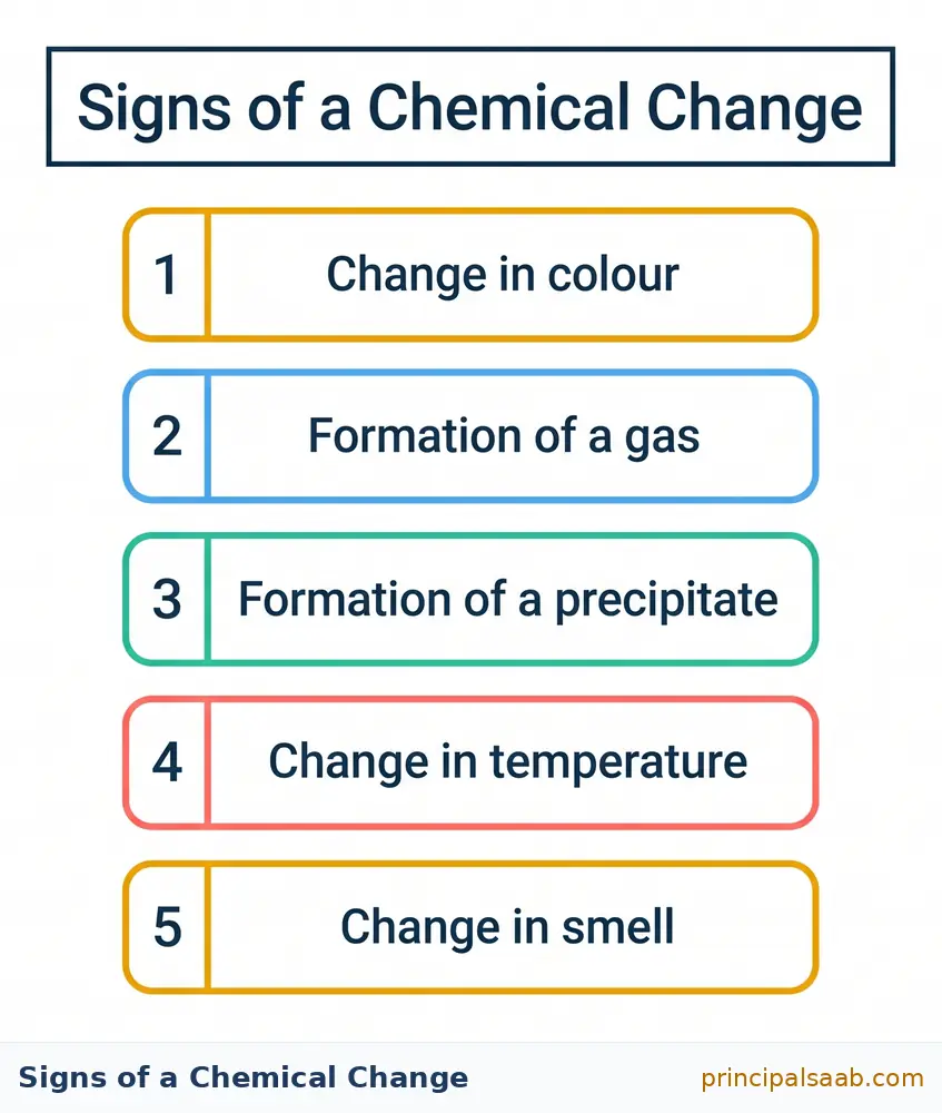 Flowchart titled Signs of a Chemical Change listing five numbered signs: change in colour, formation of a gas, formation of a precipitate, change in temperature, and change in smell.